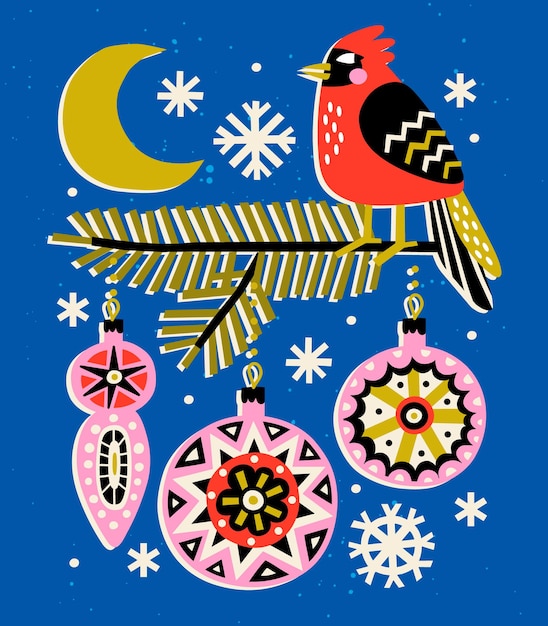 Ilustración de vector de Navidad de pájaro Waxwing en rama de abeto