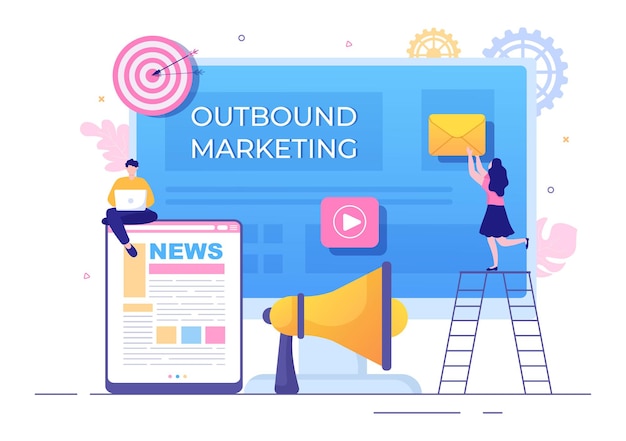 Ilustración de vector de negocios de marketing saliente con diseño de megáfono para atraer clientes fuera de línea o en línea para web o póster