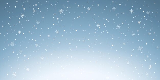 Ilustración de vector con nieve que cae sobre fondo de cielo azul de la feliz navidad y feliz año nuevo.