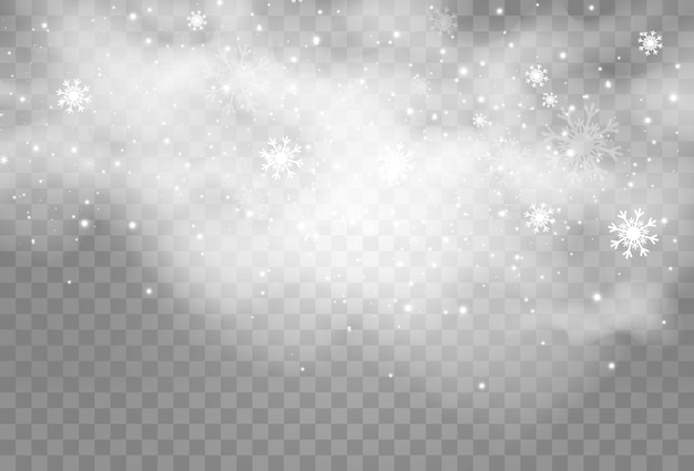 Ilustración de vector de nieve volando sobre un fondo transparente Fenómeno natural de nevadas o