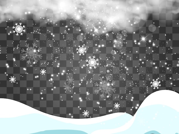 Ilustración de vector de nieve volando sobre un fondo transparente Fenómeno natural de nevadas