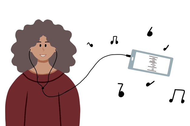 Ilustración de vector de una niña afroamericana escuchando música en el teléfono. linda chica escucha música con auriculares. ilustración vectorial