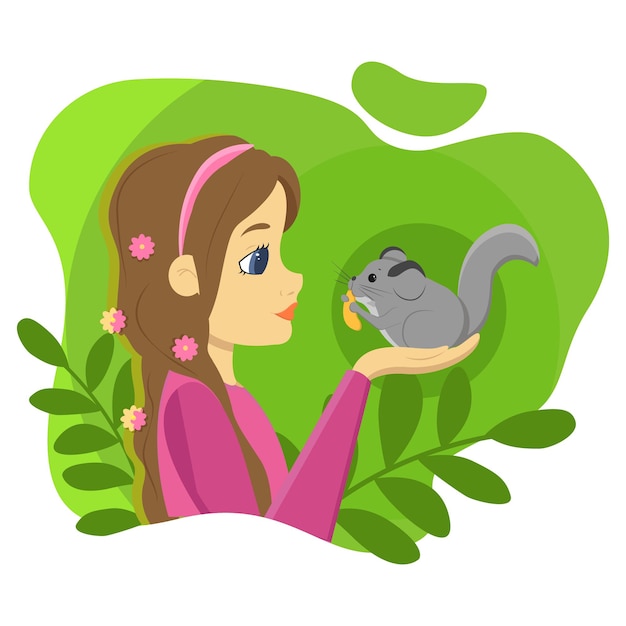 Ilustración de vector de una niña con coletas sosteniendo una chinchilla esponjosa en sus palmas