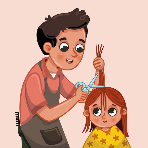 Ilustración de vector de niña cortarse el pelo en la peluquería