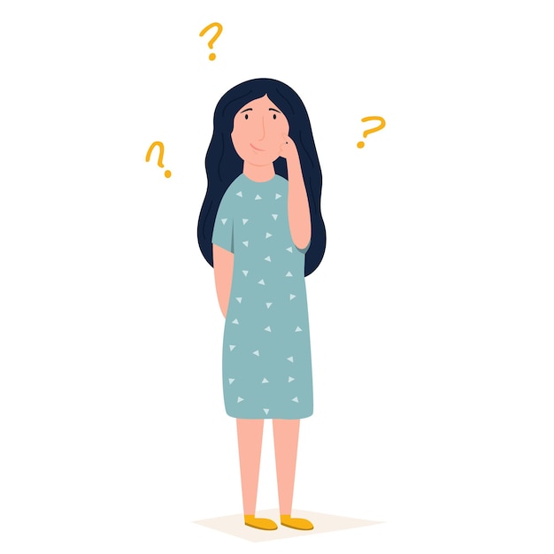 Ilustración de vector de una niña desconcertada curiosa. Misterio, secreto, situación de rompecabezas