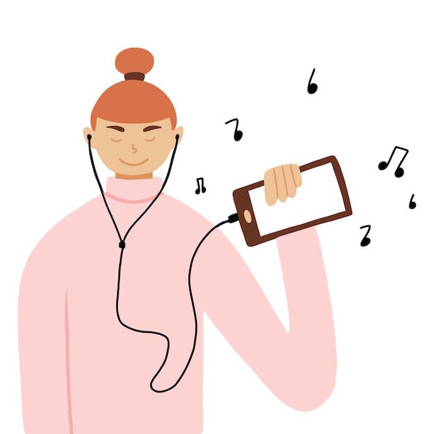 Ilustración de vector de niña escuchando música en el teléfono. Linda chica escucha música con auriculares. Ilustración vectorial
