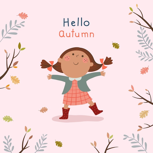 Ilustración de vector de niña feliz jugando al aire libre en otoño. Hola ilustración de otoño.