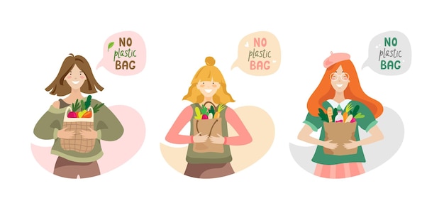 Ilustración de vector de niñas con bolsas ecológicas sin bolsas de plástico