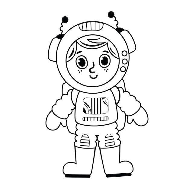 Ilustración de vector de niño astronauta blanco y negro