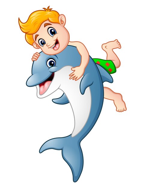 Vector ilustración de vector de niño de dibujos animados jugando con delfines