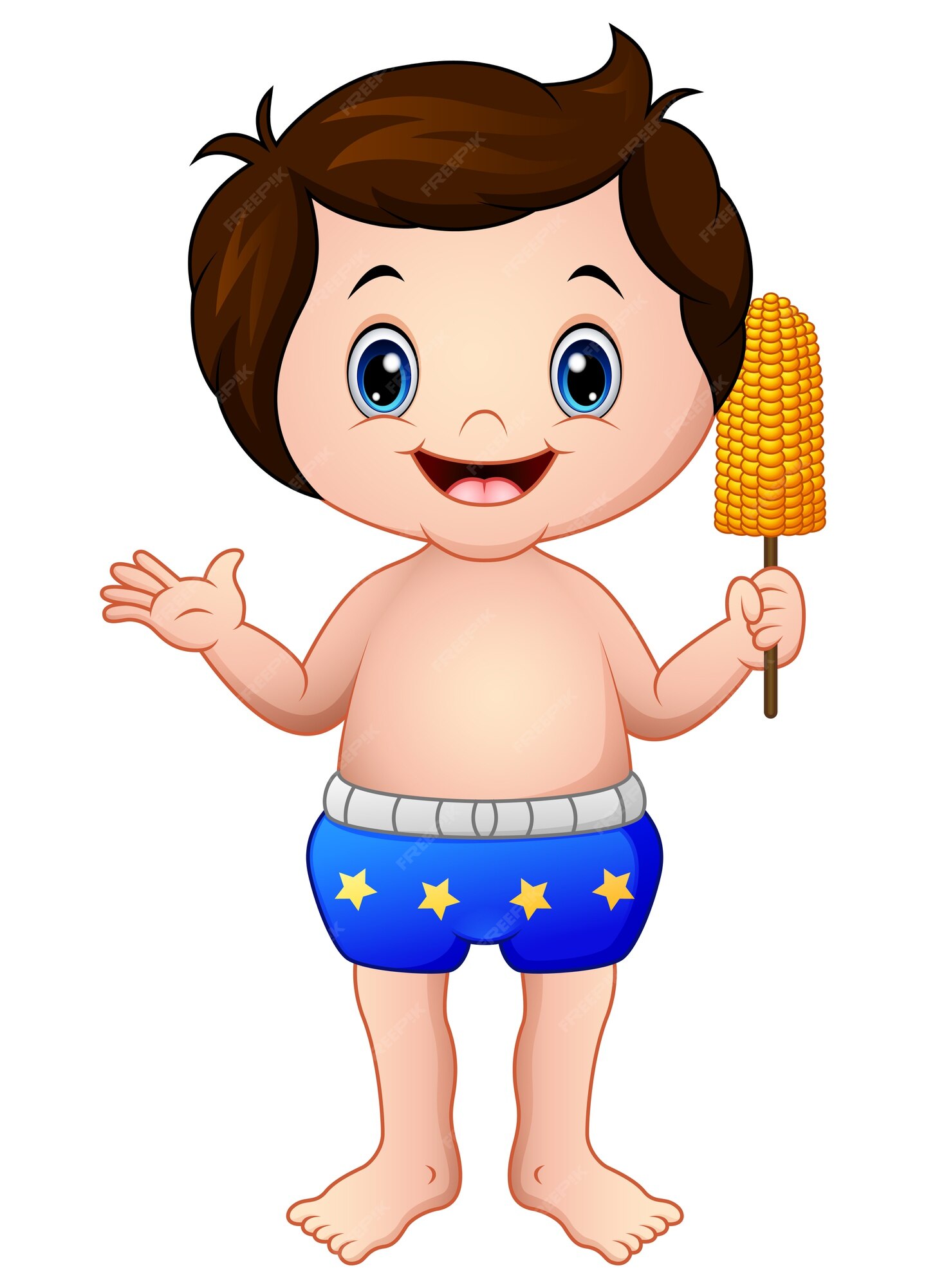 Ilustración de vector de niño de dibujos animados en pantalón azul con un maíz | Vector Premium Ilustración de vector de niño de dibujos animados en pantalón azul con un maíz | Vector Premium