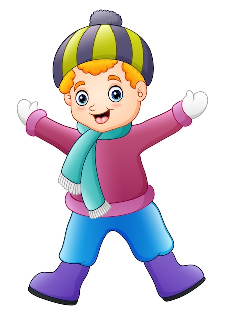 Ilustración de vector de niño de dibujos animados en ropa de invierno caminando