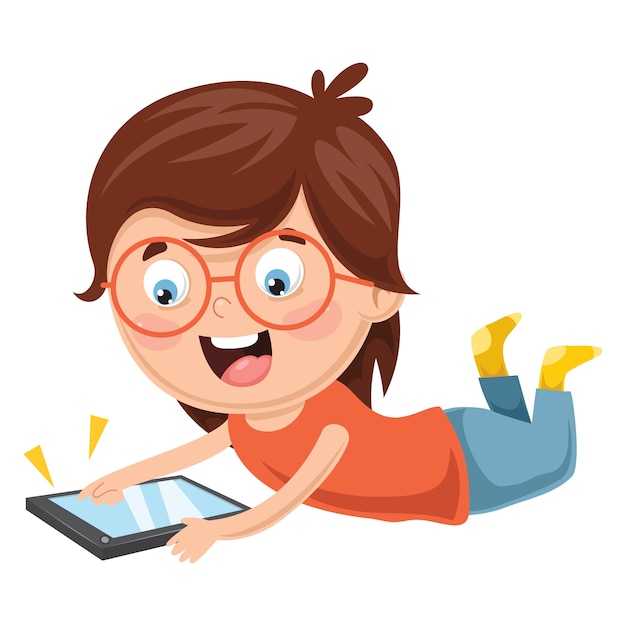 Ilustración de vector de niño usando dispositivo móvil