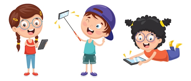 Ilustración de vector de niño usando dispositivo móvil