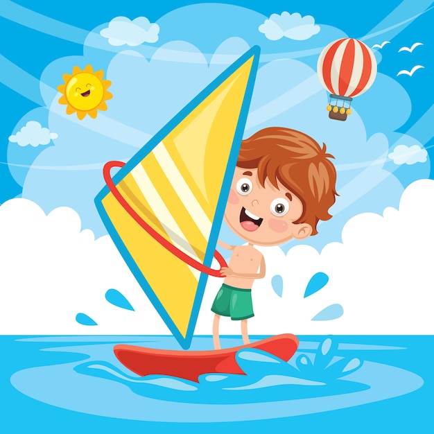 Ilustración del vector del niño Windsurf