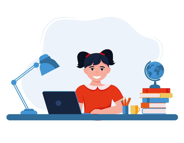 Ilustración de vector de niños de la escuela de aprendizaje en línea