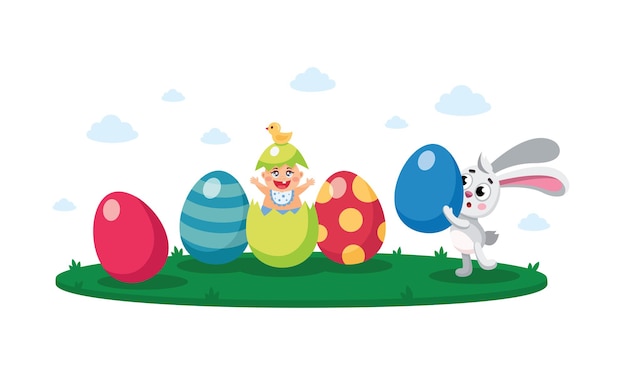 Ilustración de vector de niños planos de caza de huevos de pascua feliz con huevos pintados conejo de pascua de bebé recién nacido