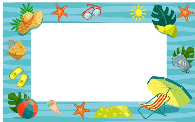 Ilustración de vector de objetos náuticos de verano en forma de marco horizontal. Tema de vacaciones