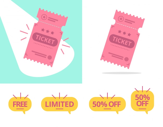 Ilustración de vector de oferta de entradas con colección de etiquetas de descuento gratis, limitada y 50%.