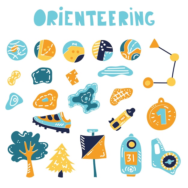 Ilustración de vector de orientación deportiva elementos aislados. Orientación, contexto del equipo de navegación