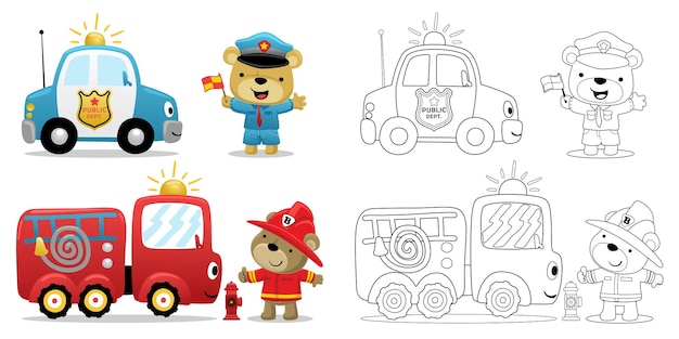 Ilustración de vector de oso de dibujos animados en traje de policía y bombero con camión de bomberos y coche de policía Libro de colorear o página para niños