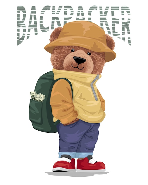 Ilustración de vector de oso de peluche con mochila llena de dinero