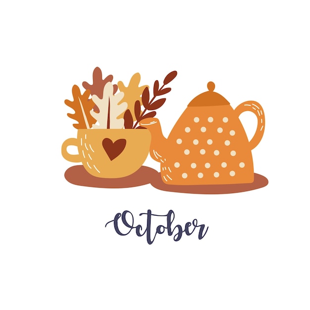 Ilustración de vector de otoño linda tetera y taza con hojas de otoño dibujadas a mano