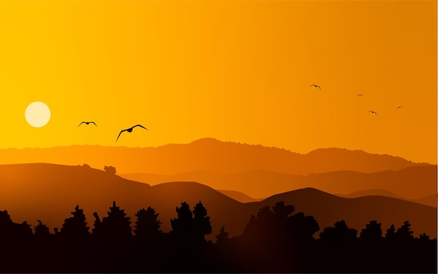 Ilustración de Vector de paisaje al atardecer y pájaros voladores