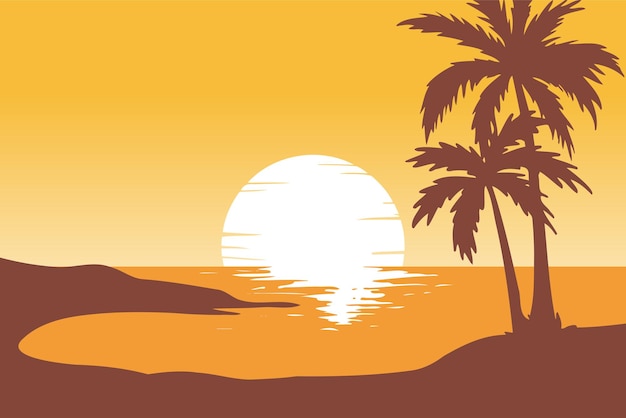 Ilustración de vector de paisaje al atardecer en playa tropical