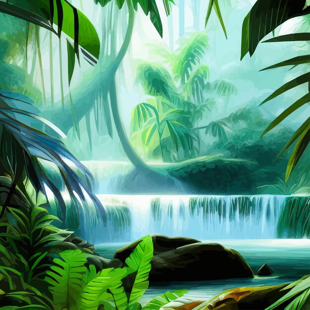 Ilustración de vector de paisaje botánico tropical con cascadas y palmeras fondo floral