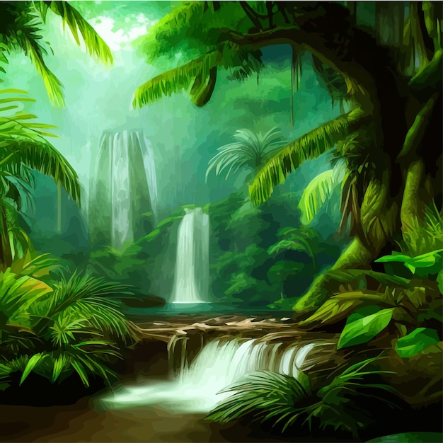 Ilustración de vector de paisaje botánico tropical con cascadas y palmeras fondo floral