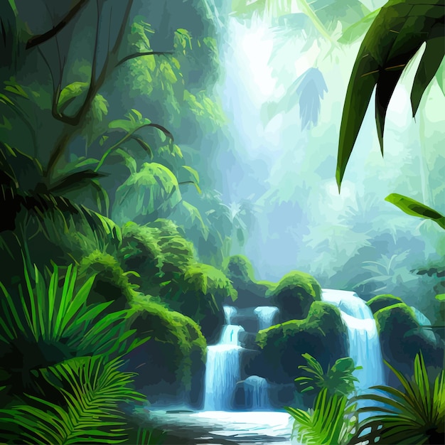 Vector ilustración de vector de paisaje botánico tropical con cascadas y palmeras fondo floral