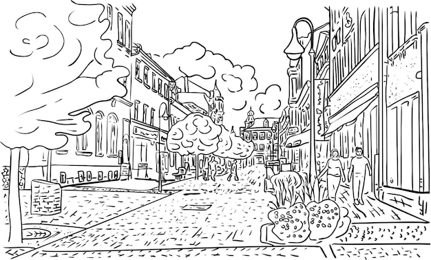 Ilustración de vector, paisaje de la ciudad con calle vieja, árboles, edificios y personas en colores blanco y negro, dibujo de contorno pintado a mano