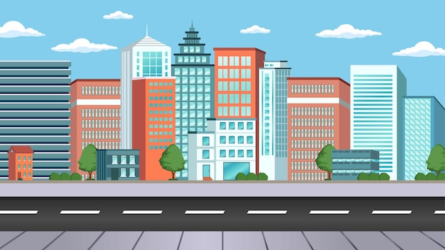 Una ilustración de vector de paisaje de ciudad Edificios y carreteras diseñadas con colores completos