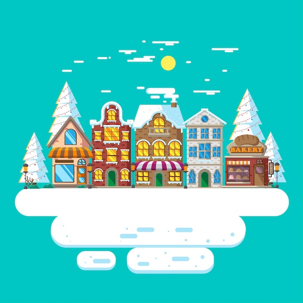 Vector ilustración de vector de paisaje de la ciudad en invierno con diseño plano