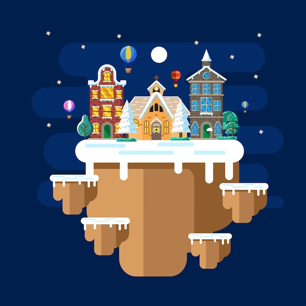 Ilustración de vector de paisaje de la ciudad en invierno por la noche con estilo de diseño plano