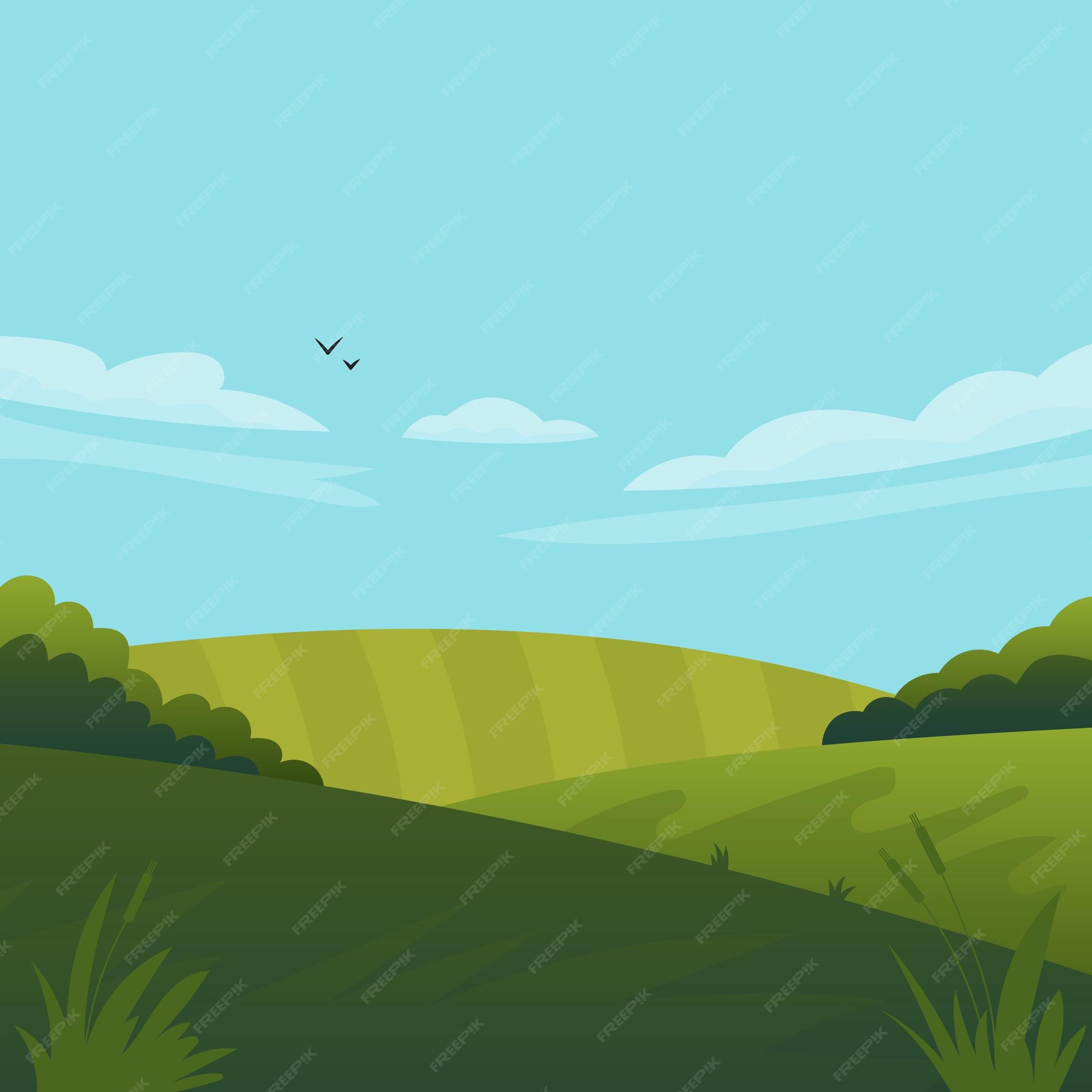 Ilustración de vector de paisaje de hermosos campos con un amanecer,  colinas verdes, cielo azul de color brillante, fondo en estilo de dibujos  animados plana. | Vector Premium