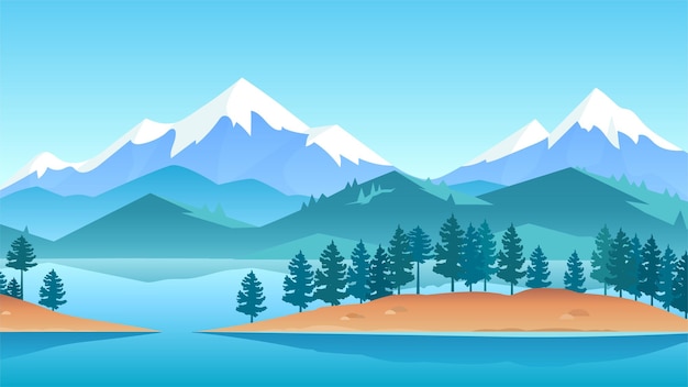 Ilustración de vector de paisaje de lago de montañas hermosas