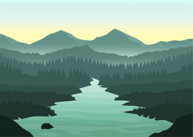 Ilustración de vector de paisaje de naturaleza. Siluetas de montaña, río y bosque de pinos.