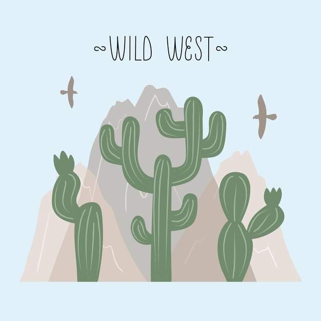 Ilustración de vector con paisaje del salvaje oeste, donde cielo, cactus, montaña, águila y letras