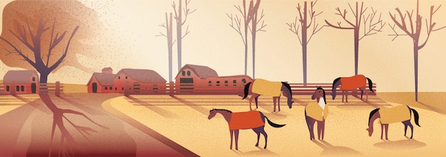 Ilustración del vector del panorama del paisaje del campo en otoño. Granja de los caballos en caídas. Montaña o colina amarilla del follaje con los caballos en la niebla con imagen de la luz y de la sombra con ruido y grano.