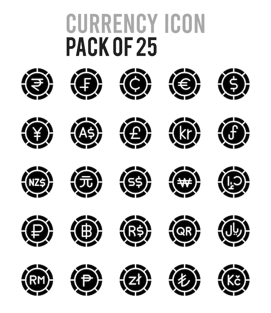 Ilustración de vector de paquete de iconos de glifo de moneda de 25 monedas