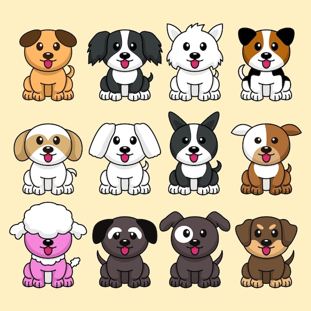 Ilustración de vector de paquete de varios tipos de perros lindos