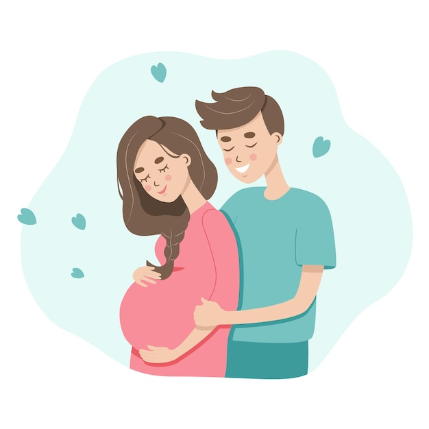 Vector ilustración de vector de pareja embarazada esperando un parto. lindo padre en el embarazo, mamá y papá.