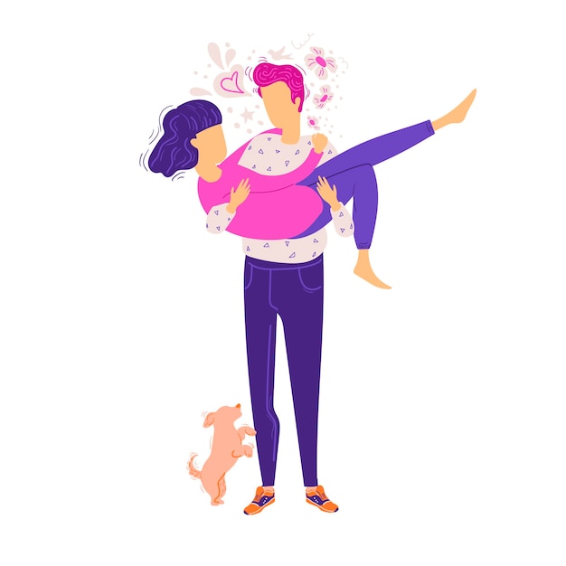 Ilustración de vector con pareja heterosexual Hombre sosteniendo a su novia y perrito