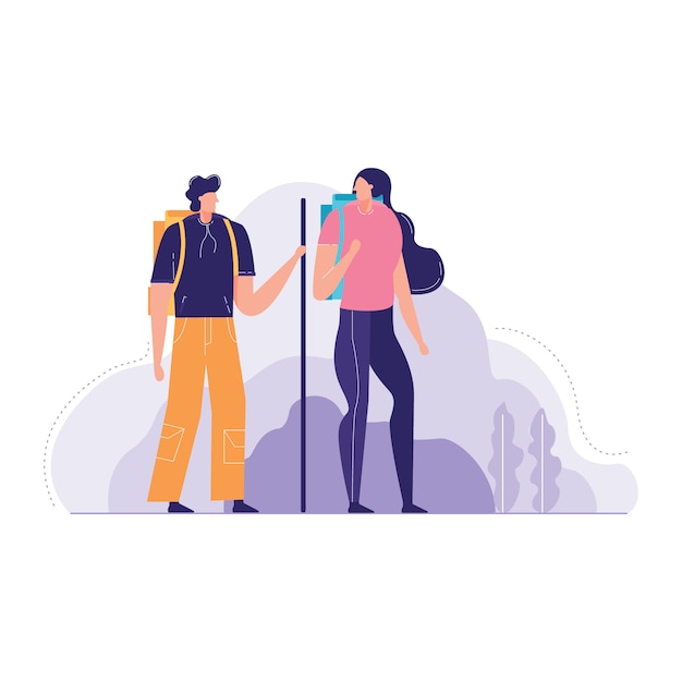 Ilustración de vector de pareja turista con mochilas