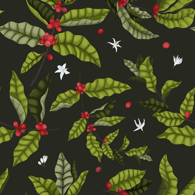 Ilustración de vector de un patrón sin costuras con hojas, flores y bayas en las ramas