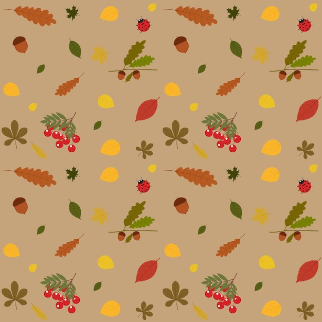Ilustración de vector de un patrón de otoño con follaje de otoño, serbal, bellota y mariquita