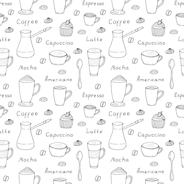 Ilustración de vector de patrones sin fisuras de café, garabatos de dibujo a mano alzada