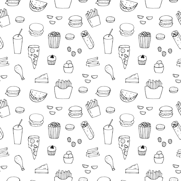 Ilustración de vector de patrones sin fisuras de comida rápida, garabatos de dibujo a mano alzada